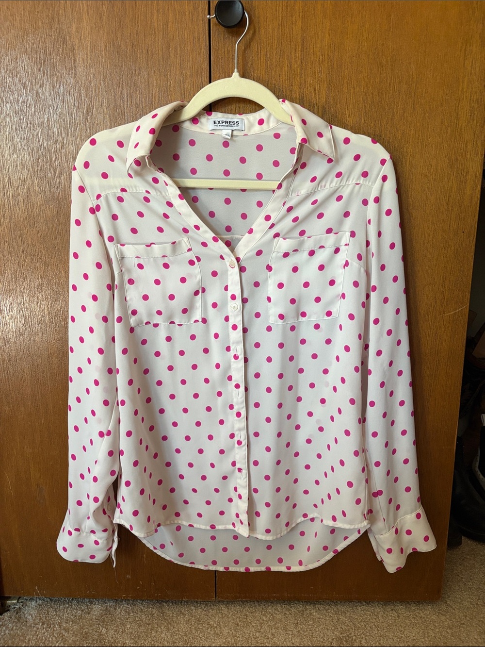 Express Cream Button-Down Shirt with Pink Polka Dots